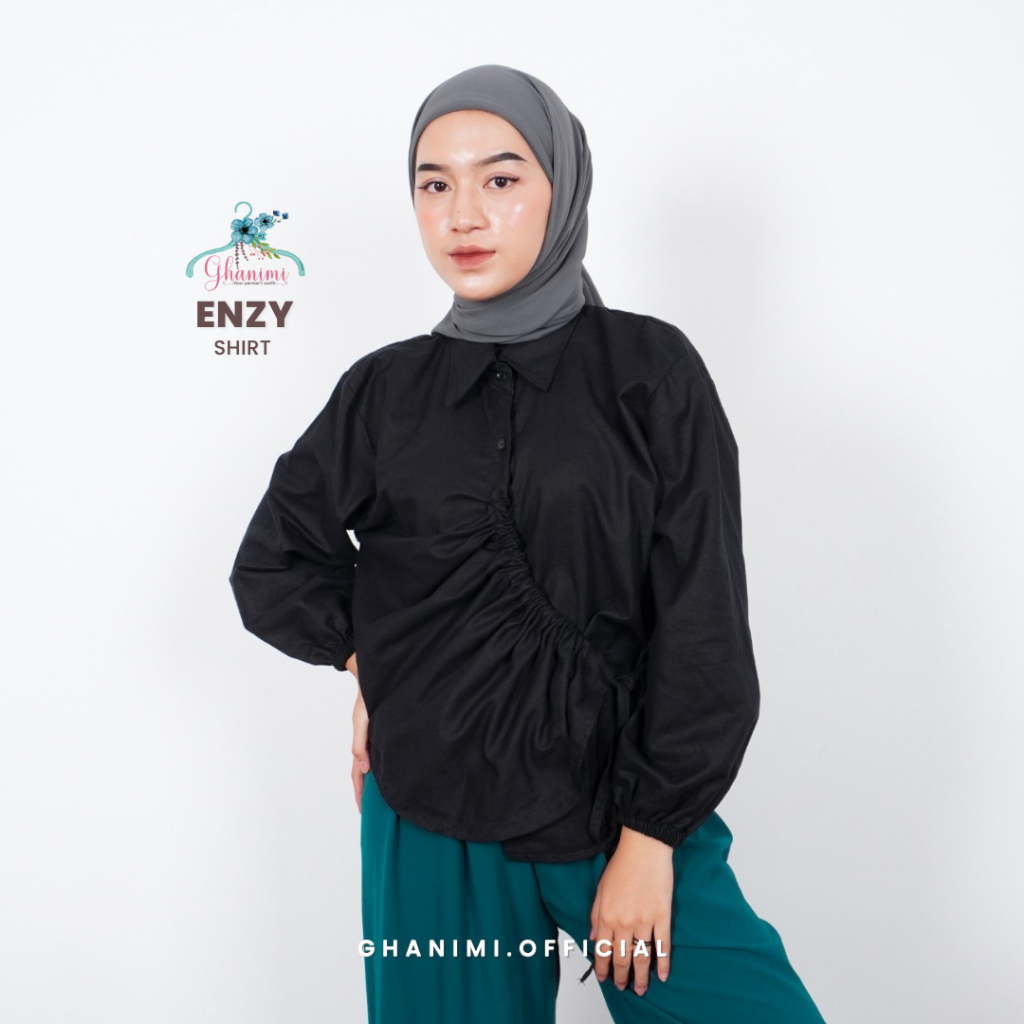 Ghanimi - Enzy Shirt / Kemeja Linen Serut / kemeja kerja / kemeja kondangan / kemeja polos katun casual formal / atasan kerja / top serut lengan panjang karet wudhu friendly