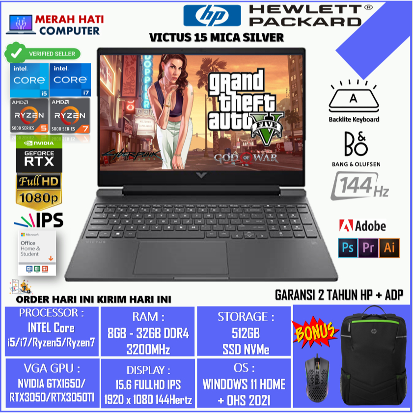 PROMO LAPTOP GAMING HP VICTUS 15 FB0012AX AMD RYZEN 7 5800H 16GB 512GB RTX3050TI-4GB FHD IPS 144HZ BL WIN11HOME + OHS MICA SILVER ORIGINAL BERKUALITAS