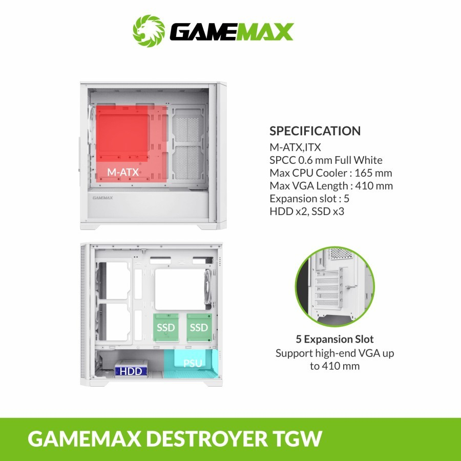 Casing Komputer Gamemax Destroyer White Free 4Fan RGB Tempered Glass M-ATX