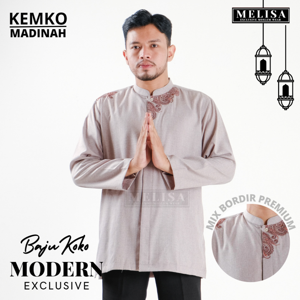 Baju Koko Pria Dewasa Katun Madinah Bordir Lengan Panjang Baju Muslim Remaja Laki Laki Ukuran M L XL - Coklat Susu