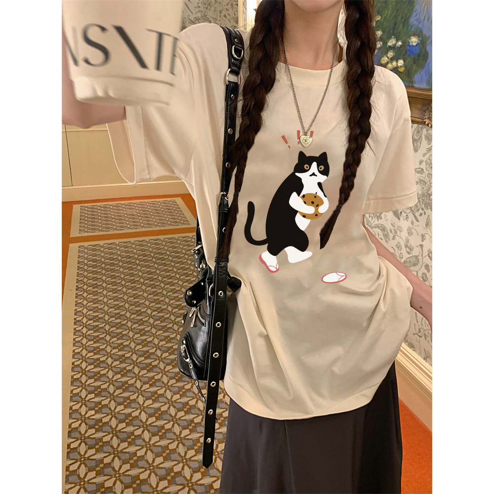 EUNII T-shirt Lengan Pendek Cartoon Surprised Cat Korean Style/Kaos Atasan Wanita/Baju Kaus Oversize Wanita/Kaos Wanita