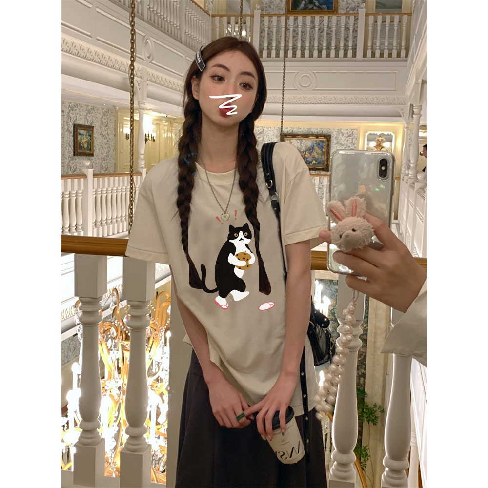 EUNII T-shirt Lengan Pendek Cartoon Surprised Cat Korean Style/Kaos Atasan Wanita/Baju Kaus Oversize Wanita/Kaos Wanita