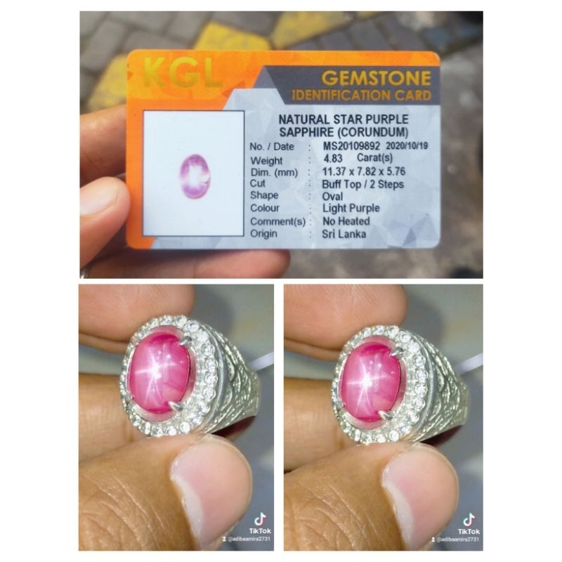 Natural Star Safir Ceylon Srilanka Rasa Ruby Burma Myanmar Memo KGL Ring Perak pesanan