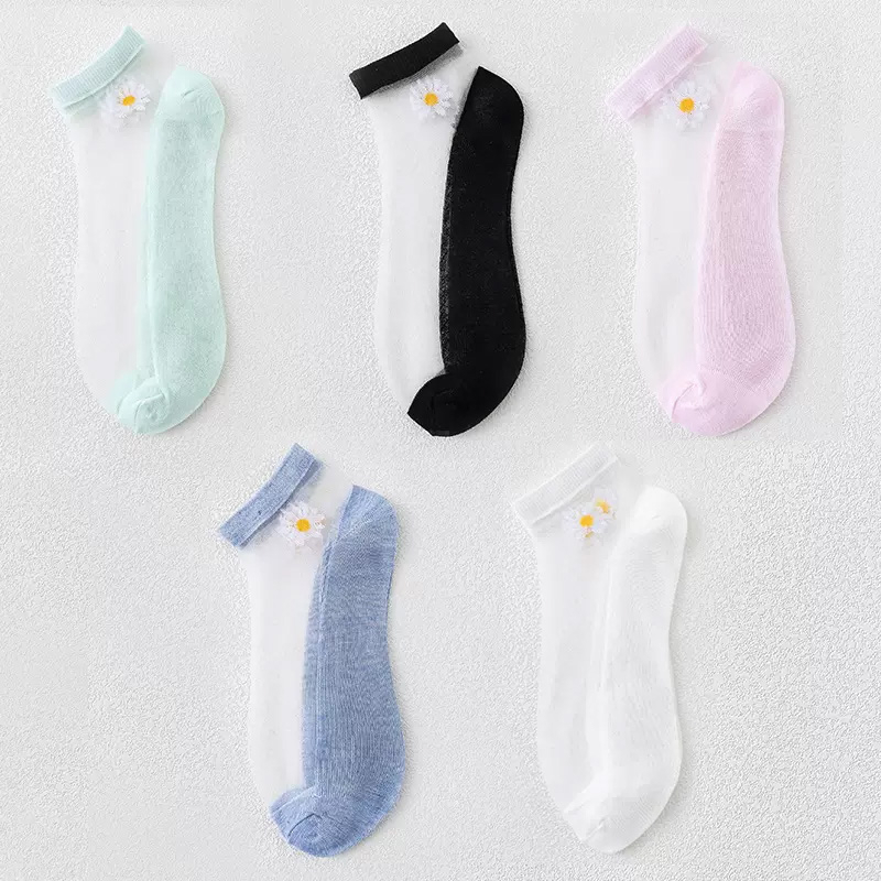 Women Socks Korea Pendek Semata Kaki Termurah Kaos Kaki Pendek Wanita Motif Bunga Daisy Transparan Fashion Anak Ukuran 24cm x 7cm  W1A3