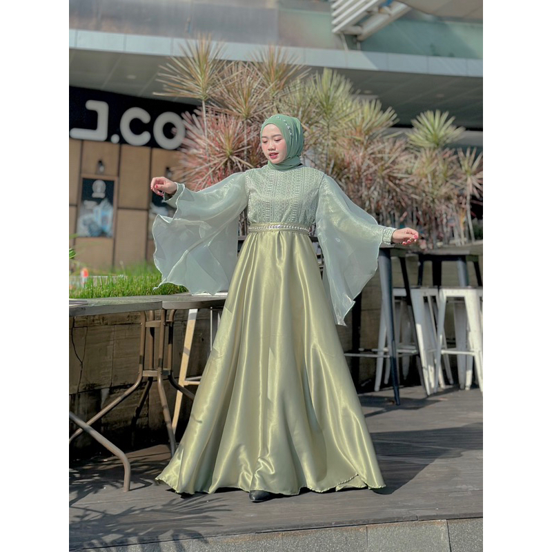 Dress Korea Jizzu Dress / Sage Green / Dress kondangan / Dress brukat korea