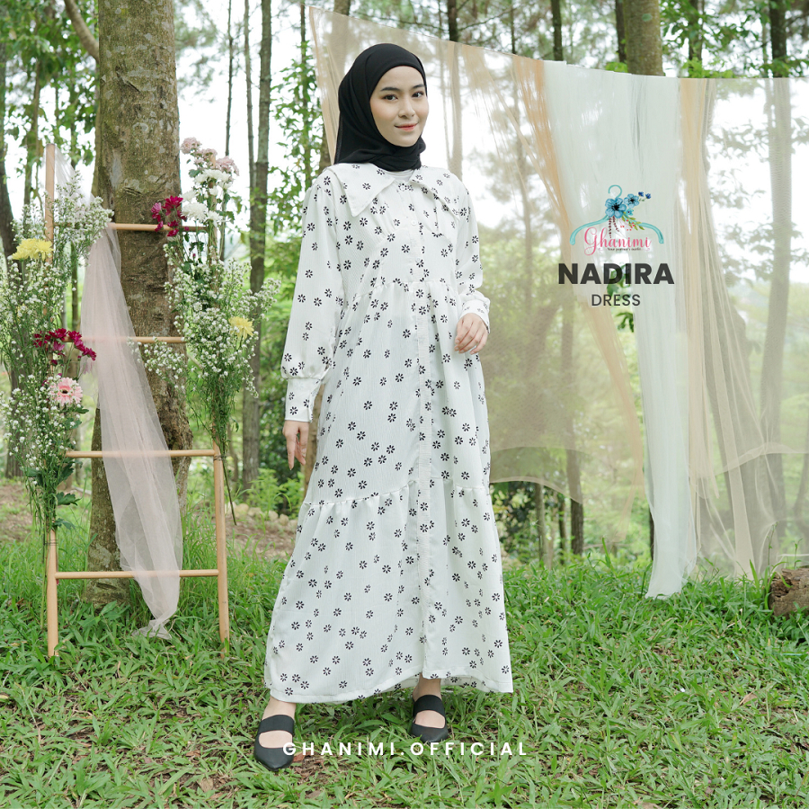 Ghanimi - Nadira Dress / Gaun Motif Bunga / gamis terbaru / dress kondangan / dress motif kancing berkerah / baju kondangan kekinian / dress lengan panjang