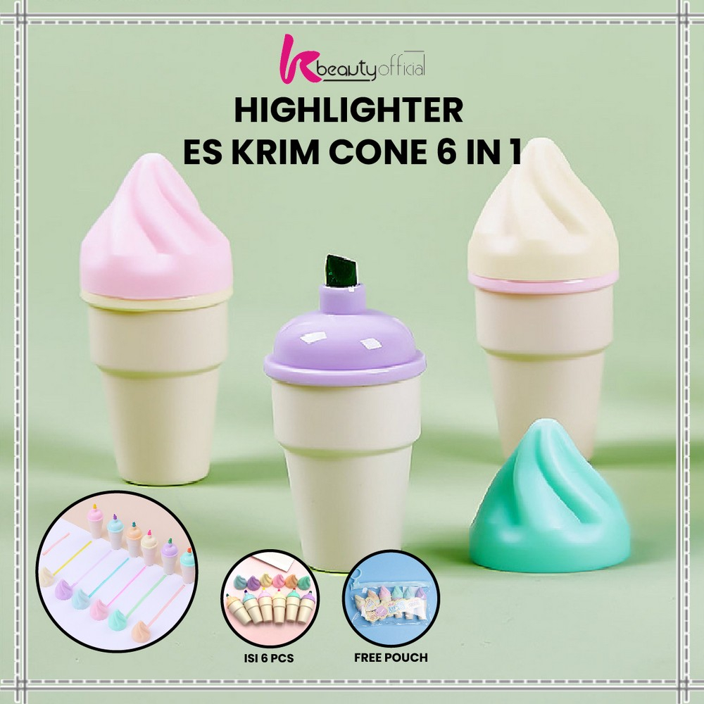 

KB-A57 Highlighter Pen Es Krim Cone Monas 6 in 1 Free Pouch Penanda Berwarna / Spidol Highlighter Model Ice Cream Cone Unik Alat Tulis kantor Stationery