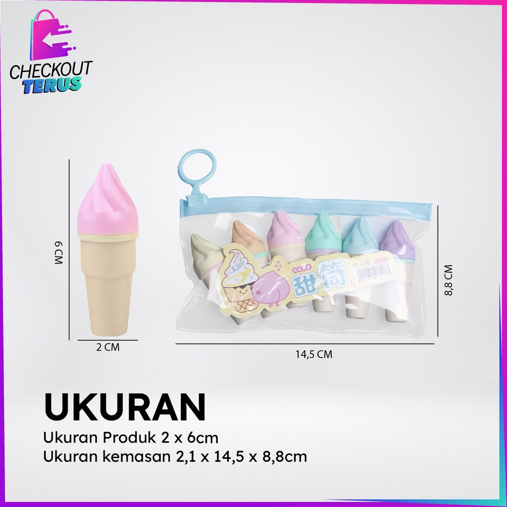 CT A57 Highlighter Pen Es Krim Cone Monas Unik 6IN1 Free Pouch Stationery Alat Tulis Kantor Penanda Berwarna Spidol Highlighter Ice Cream Cone