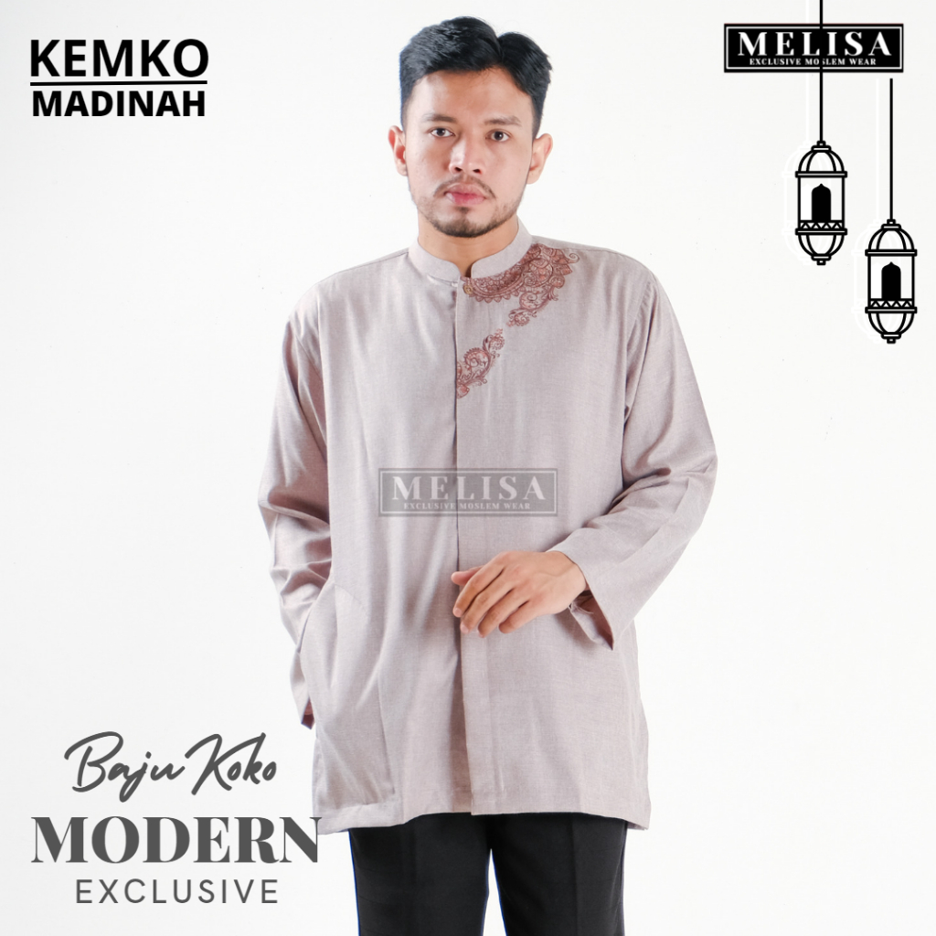 Baju Koko Pria Dewasa Katun Madinah Bordir Lengan Panjang Baju Muslim Remaja Laki Laki Ukuran M L XL - Coklat Susu