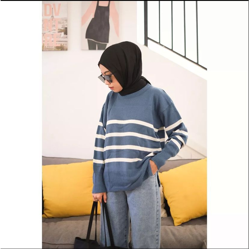 AYU TT SWEATER RAJUT OVERSIZE KOREA MOTIF STRIPE LENGAN PANJANG WANITA