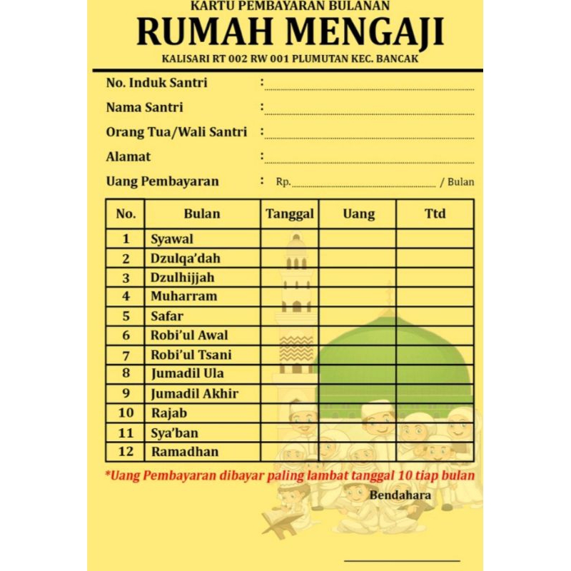 100 Lembar Kartu Spp bulanan TPA