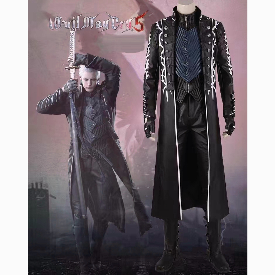 Game 5 Vergil Cosplay Vest Men Jackets Halloween Costume for Kids Adult Anime Faux Leather Coat