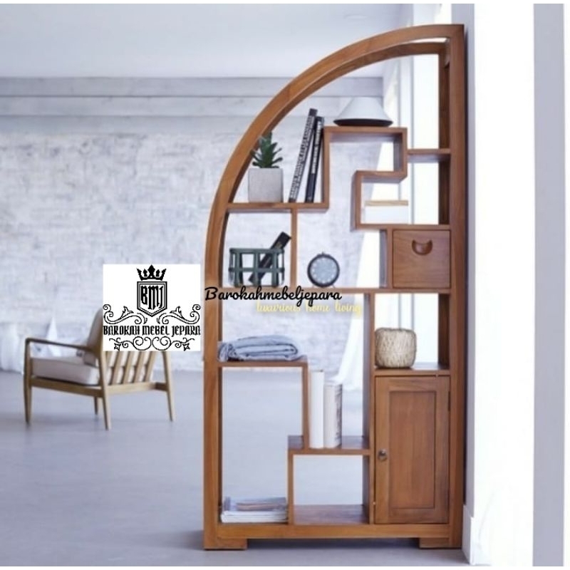 Rak pajangan penyekat ruangan jati 2 muka minimalis