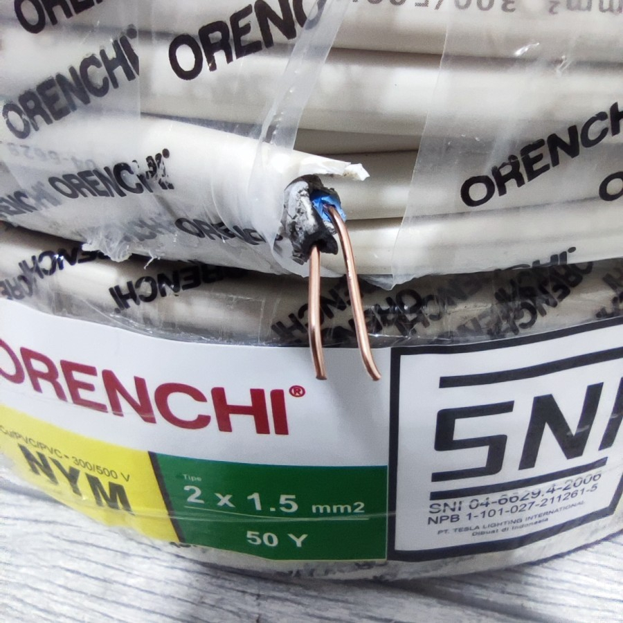 Kabel Listrik Orenchi NYM 2x1.5mm 2 x 1,5mm Tembaga Murni SNI 50 Yard