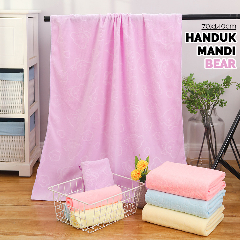 Handuk Mandi Lembut Tebal Embos Bear Jumbo Size 70x140cm Polyester Premium High Quality Perlengkapan Rumah Tangga Import - H16 - 88 Blanketstore