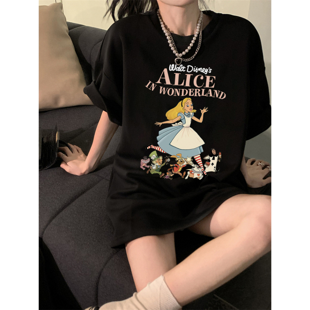 Kaos Puith Atasan Wanita Lengan Pendek Oversize  Alice In Wonderland Printed T-shirt Baju Wanita Kekinian Korean Style/Baju coklat