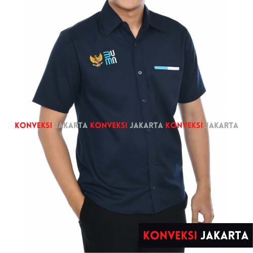 Kemeja Seragam Kerja BUMN Lengan Pendek Warna Navy Material American Drill Bisa Custom Bordir Satuan