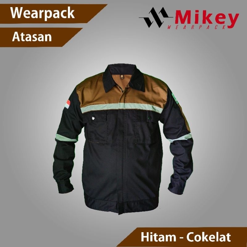 Wearpack Atasan Kemeja Proyek Baju Kerja Lengan Panjang Hitam Kombinasi Cokelat