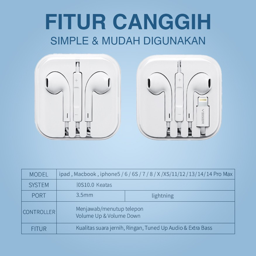 VEGER In Ear Earphone Lightning Headset For iPhone Musik dan Gaming Original