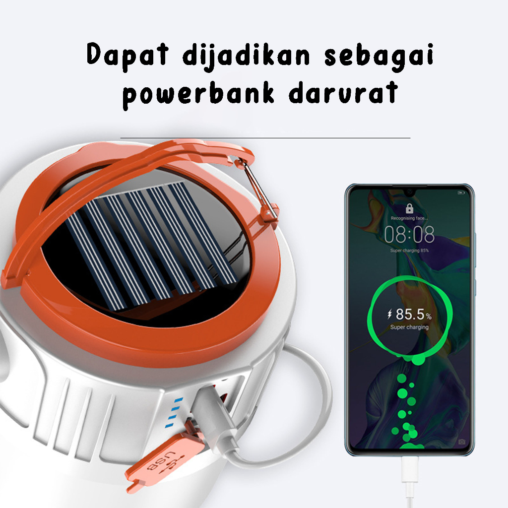 Lampu Camping/Emergency/Angkringan/Darurat Rechargeable Waterproof LED Tenaga Surya Bisa Powerbank