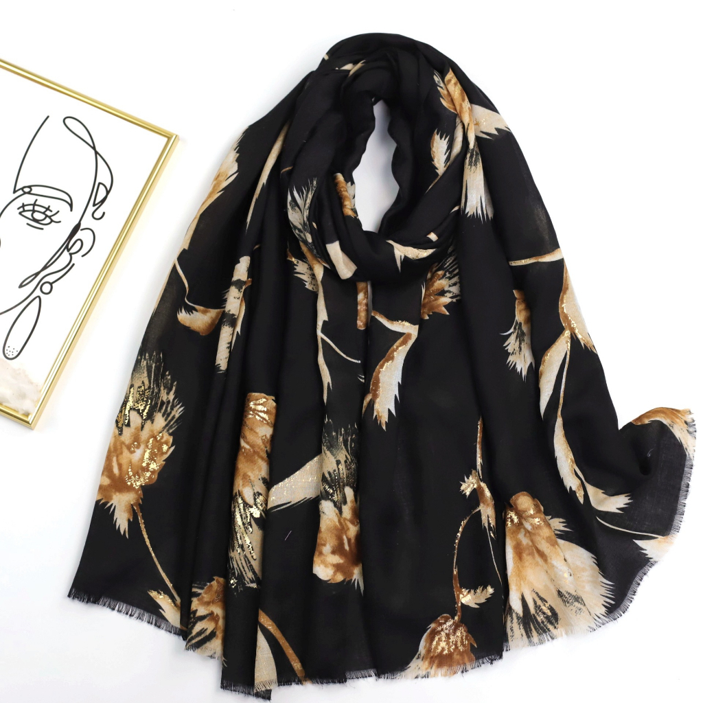 ITSFRIDAY GISELLE IN BLACK Scarf - Premium Pashmina Shawl Selendang Syal Pasmina Hijab Import Motif Tulip Flower Brown