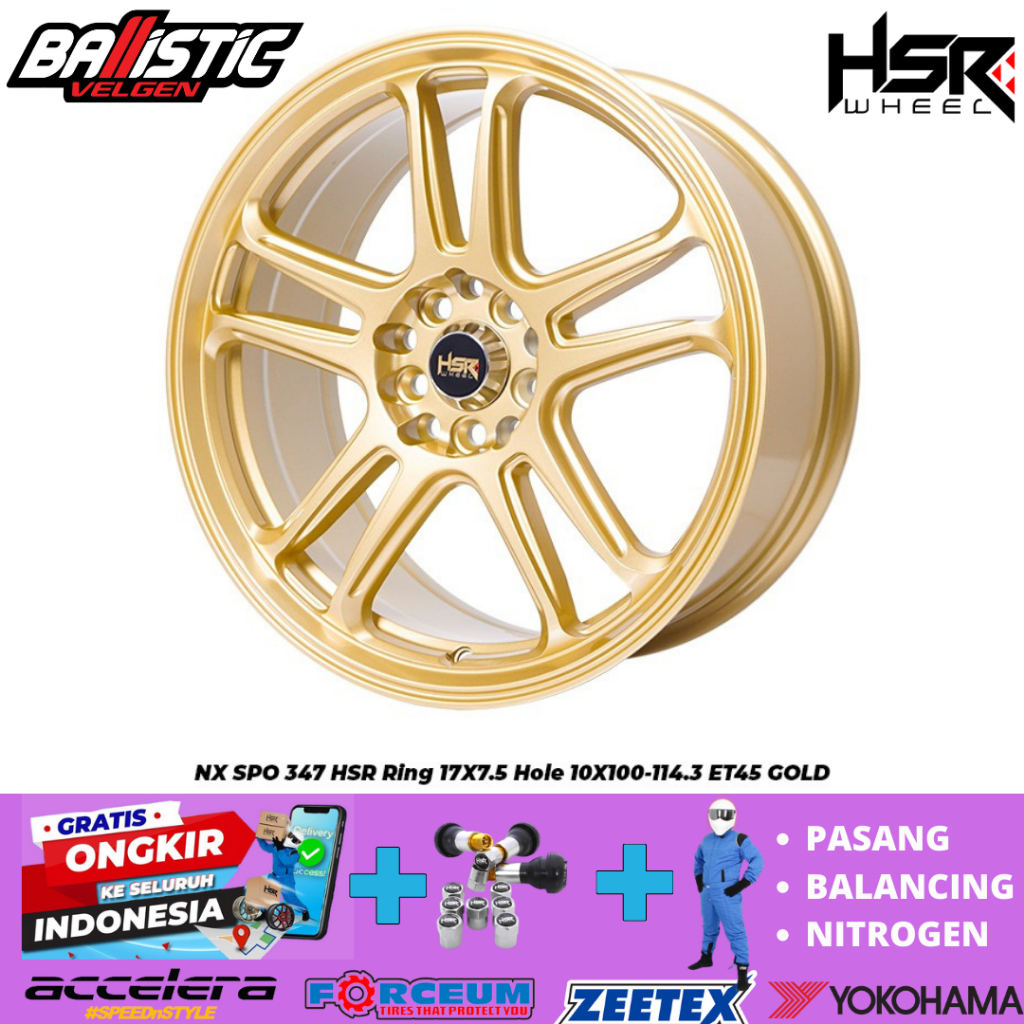 VELG RACING R17 TERBARU HSR NX SPO LEBAR 7,5 LUBANG BAUT 5X100-114 ET45 GOLD RATA BODY PELEK INNOVA,