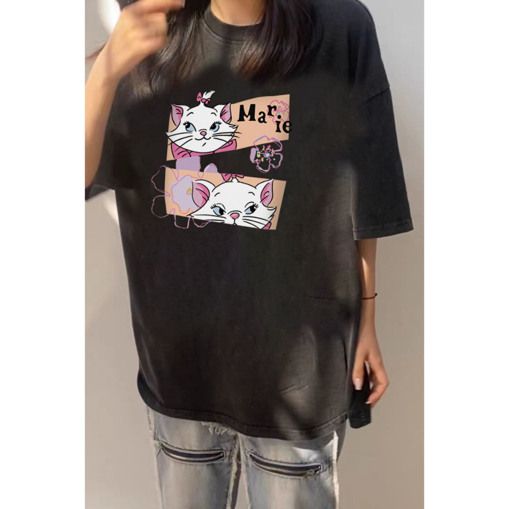 EUNII T-shirt Lengan Pendek Black Washed Cartoon Hello Kitty Printing Korean Style/Kaos Atasan Wanita/Baju Wanita/Kaos Wanita