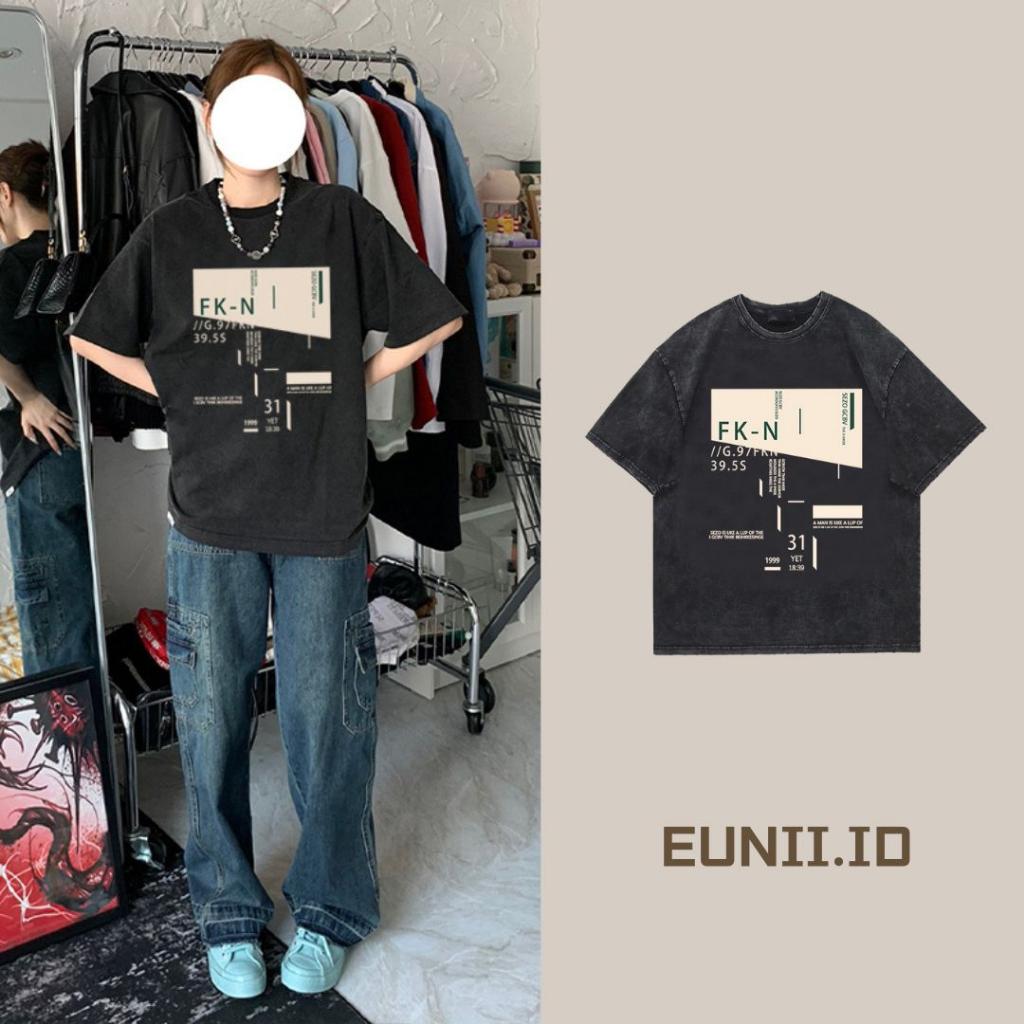 EUNII T-shirt Lengan Pendek Black Washed FKN Printing Korean Style/Kaos Atasan Wanita/Baju Wanita/Kaos Wanita