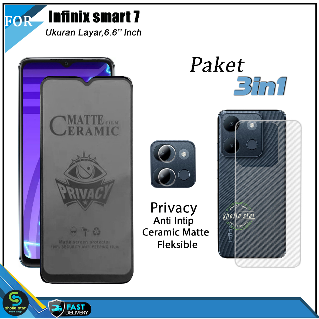 PAKET 3IN1 Tempered Glass Ceramic Privacy Infinix Smart 7 Infinix Smart 7 HD Anti Spy Full Cover Bonus Anti Gores Kamera Dan Skin Carbon 3D