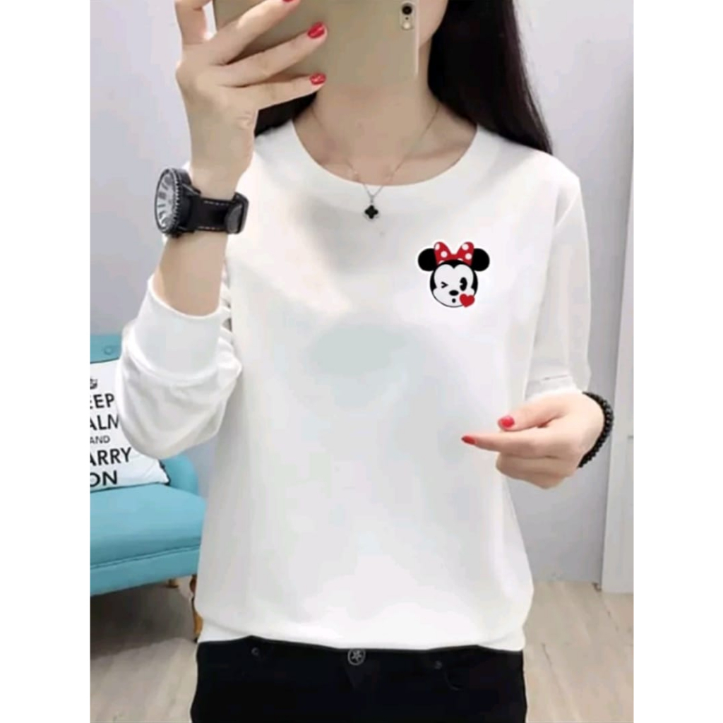 BAJU ATASAN TRENDY MINNIE MOS WANITA-KAOS WANITA LENGAN PANJANG MASA KINI DAN TERLARIS