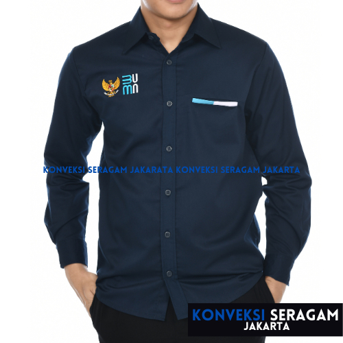 Seragam Kerja BUMN Kemeja Kerja BUMN Lengan Panjang Warna Navy Bahan American Drill Custom Bordir Satuan