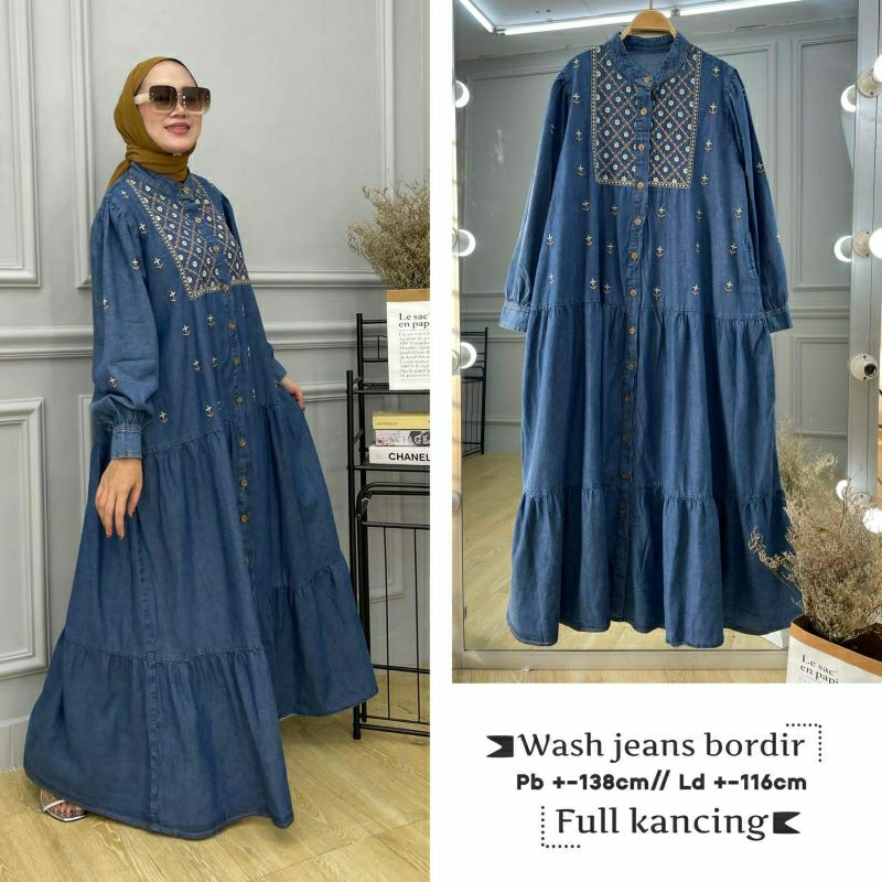 Feby Jeans Maxy, GAMIS JEANS WANITA JUMBO CANTIK MODIS FIT XXL LD 120 BAHAN JEANS WASH IMPORT MIX BORDIR KANCING AKTIF TERMURAH OOTD KEKINIAN TERLARIS