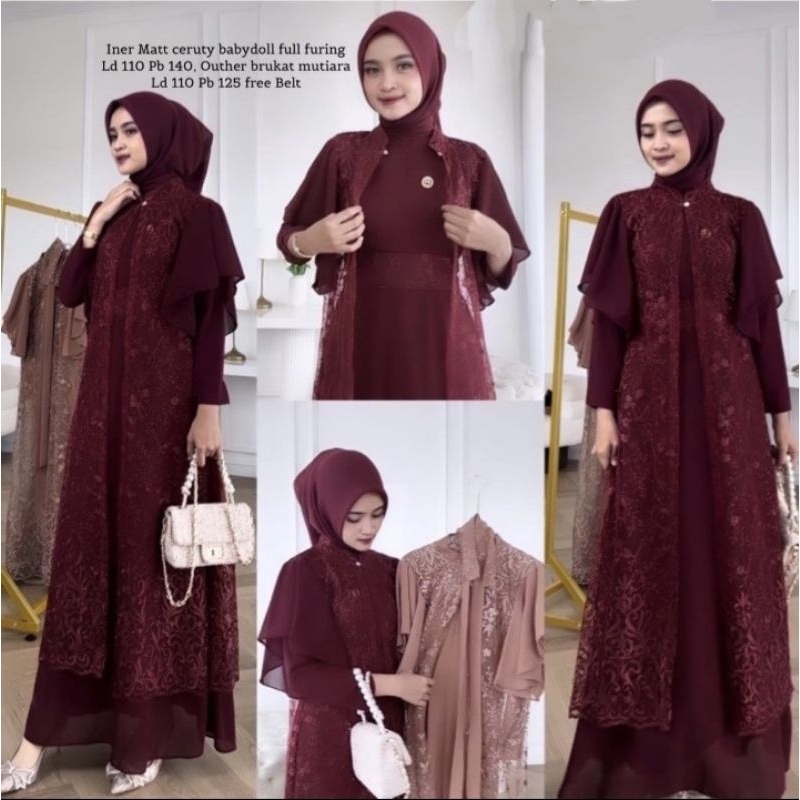 Set Dress Pesta Inner Ceruty+Outer Rompi Brukat Variasi Ruffle Rumbai