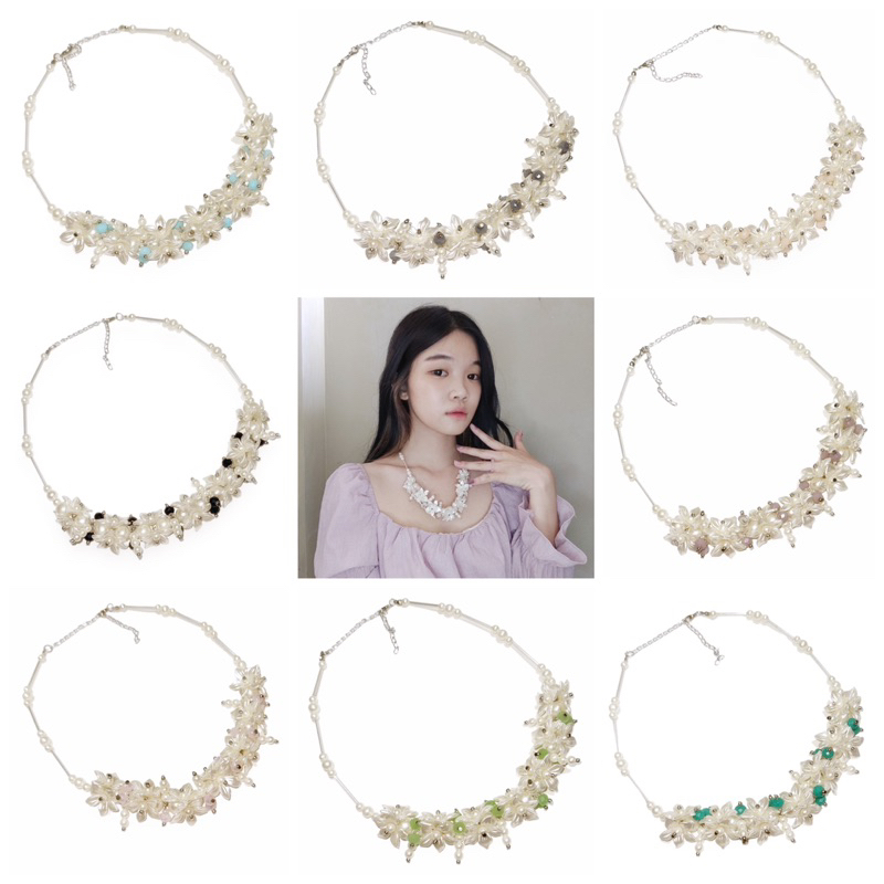 Ellery Flowery Crystal Pearl Necklace Kalung Panjang Hijab Bunga Kristal Mutiara