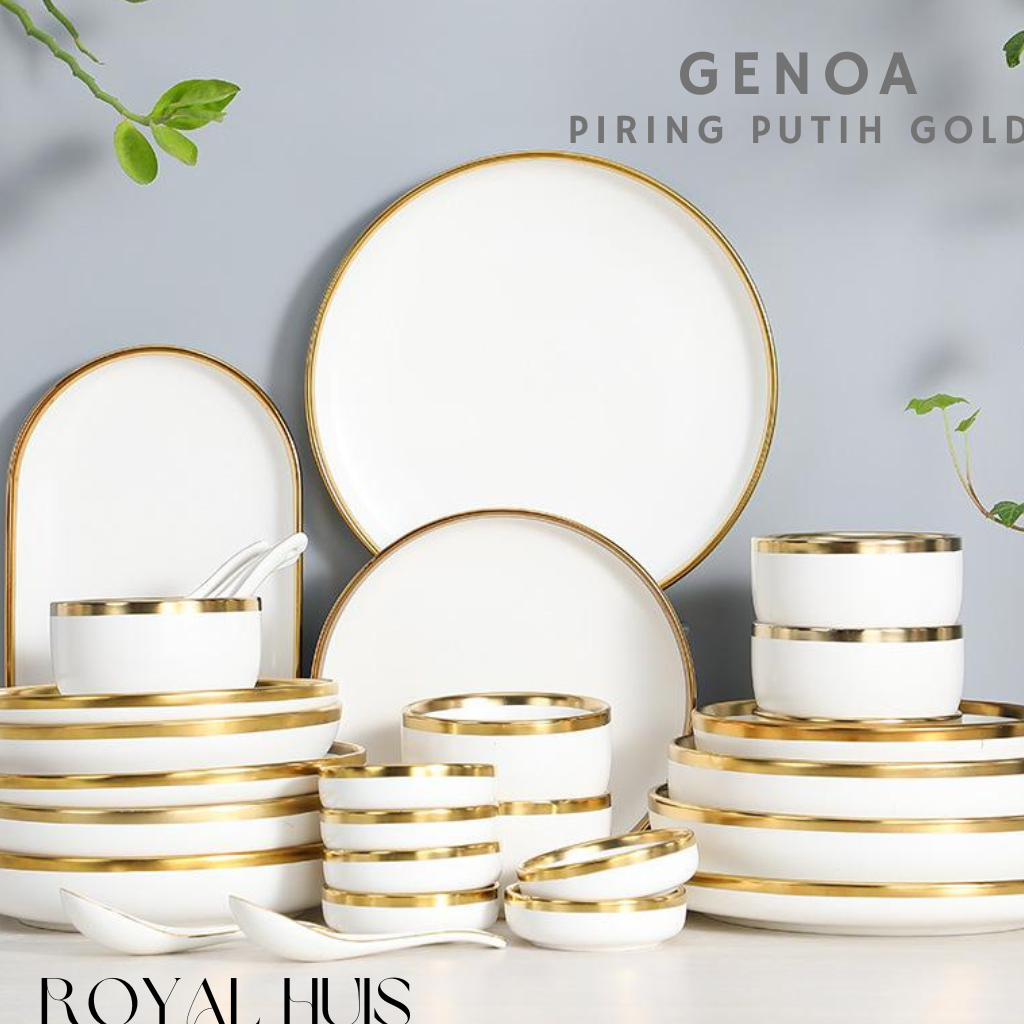 Piring Makan Keramik Putih Gold / Piring Putih Keramik List Gold / Mangkuk Keramik Putih Gold Elegan