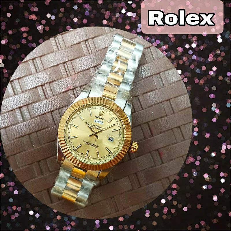 Jam Rolex Pria &amp; Wanita  (rantai stainless steel &amp; pengait chrome mas 18karat