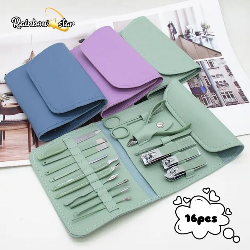 Gunting Kuku Set Pouch 4 - 16pcs Stainless Anti Karat  Manicure Pedicure Free Dompet / Travel Manicure Set