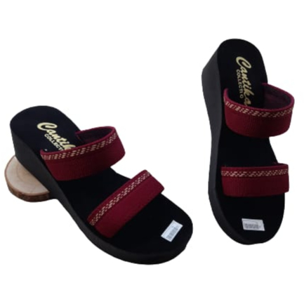 Sandal Wedges Spon Tinggi 5cm Sendal Wedges Wanita Tali Webbing Ban Dua