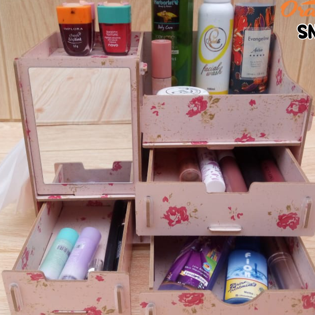 Rak Kosmetik Mini Cosmetic Storage Mini Kotak Penyimpanan Makeup Rak Mini Bahan Kayu Lengkap Dengan Cermin