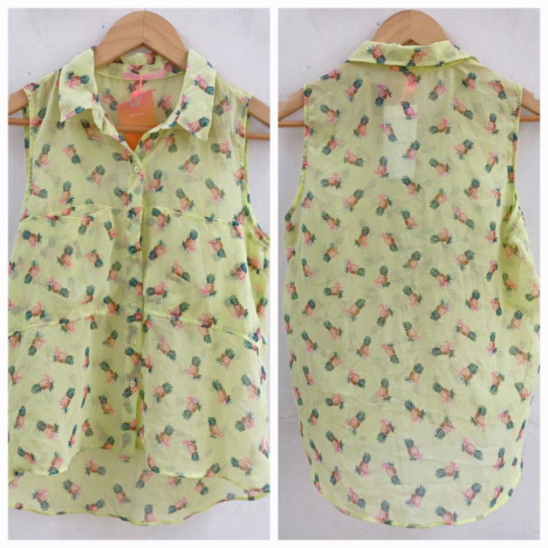 BERSHKA KEMEJA KUNING TRANSPARANT PRINT BARU ASLI ORIGINAL