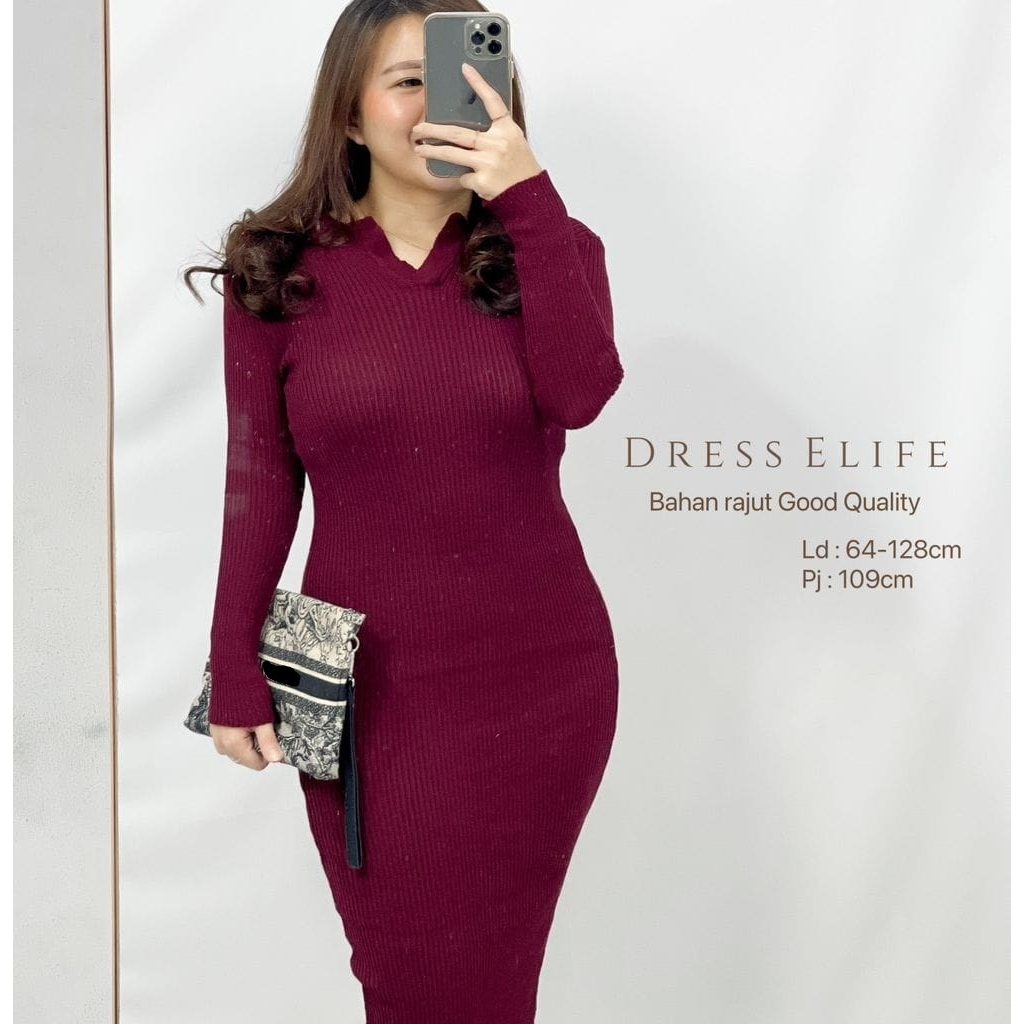 Midi Dress Lengan Panjang Rajut Premium Dress Elife HOPYLOPY