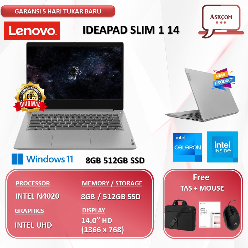 Laptop Lenovo IdeaPad Slim 1 14 N4020 8GB 512GB SSD 14.0HD Windows11 -Grey