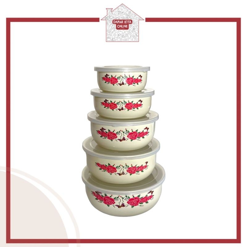 BOWL SET ENAMEL 5PCS / MANGKOK SET RANTANG SUSUN 5 PCS GSF G-2028 / MANGKOK ENAMEL BUNGA KEMBANG