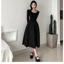 【AMY J】A-Line Dresses O-Neck Solid Long Sleeve Midi Dresses High Waist 7587