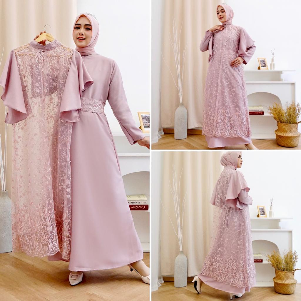 Georgina Set Setelan Gamis 2in1 Warna Merah Muda Pink Dusty Lilac Rosegold Inner Outer Brukat Brokat