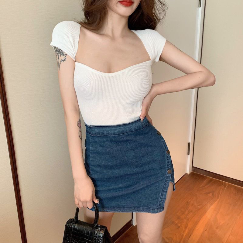 Sexy Top French Sexy Knitted Short Sleeve Crop Top Atasan Wanita Import A119