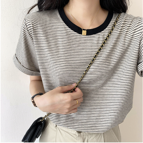 GirlWish Fashion Korean Oversize Basic Stripes Woman T-Shirt Atasan Kaos Oversize Wanita