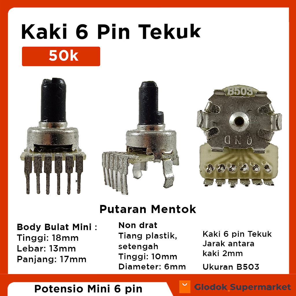 Potensio Mini 6 pin 50k Stereo Kaki 6 Tekuk Potentio Meter 503