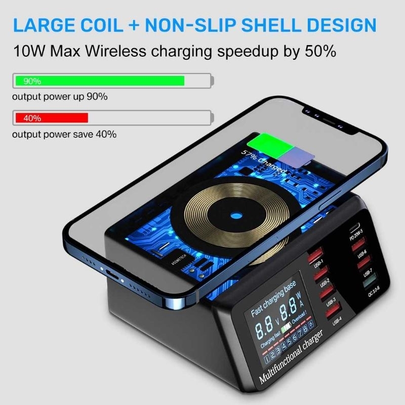 ASOMETECH Charging Station USB Dock Quick Wireless Charge 8 Port 100W - WLX-X9