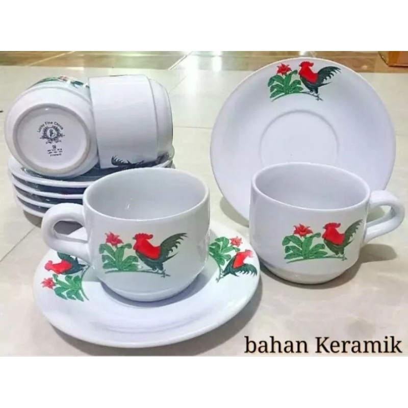 GELAS KOPI CANTIK; MUG GELAS KOPI 1. SET PIRING TATAK CAP AYAM JAGO 6 CANGKIR + 6 PIRING TATAK / CAN